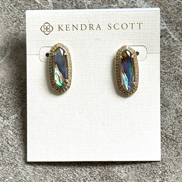 Kendra Scott Crystal Pave Stud Earrings  Aston Abalone Gold - Picture 1 of 13